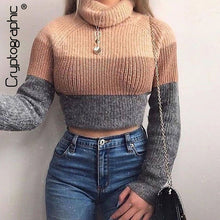Load image into Gallery viewer, Cryptographic Fashion Women's Turtlenecks Sweaters Striped Long Sleeve Knitted Pullovers Females Jumpers Cropped Sweaters Fall