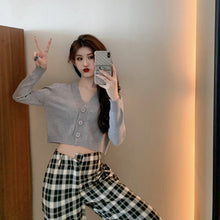 Load image into Gallery viewer, Women's Cropped Cardigan Sweaters Female Black White Short Sweater V Neck Single Breasted Sweater Woman Knitted Cardigan GD153