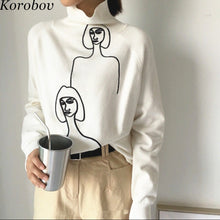 Load image into Gallery viewer, Korobov Korean Women 2020 New Sweaters Cartoon Embroidery Female Jumper Long Sleeve Pullover Turtleneck Mujer Sueter 76271