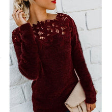 Load image into Gallery viewer, Women Autumn Winter Fleece Pullover Sexy Lace Hollow Out Plush Sweater Slash Neck Knitted Sweater Plus Size Tops Casual Jumpers