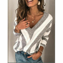 Load image into Gallery viewer, 2020 Spring Womens Sweater Striped Fashion V Neck Long Sleeve Sweater Loose Knitted Batwing Sleeve Pullover Sexy Jumper Tops Hot