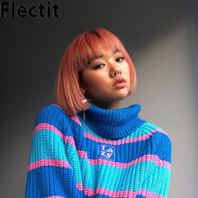 Load image into Gallery viewer, Flectit Womens Striped Roll Neck Jumper Sweater with Embroidered Letter Lazy Turtleneck Oversized Chunky Knit Pullovers