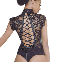Load image into Gallery viewer, InstaHot Mesh Lace Bodysuit Women Sexy Backless Lace Up Sleeveless Rompers Party Club Ruffles Black White Slim Bodysuit 2019 New