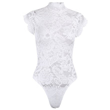 Load image into Gallery viewer, InstaHot Mesh Lace Bodysuit Women Sexy Backless Lace Up Sleeveless Rompers Party Club Ruffles Black White Slim Bodysuit 2019 New