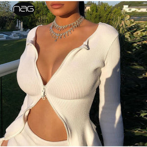 NewAsia White Sweater Women Sexy Double Zipper Cardigan Celebrity Wear Long Sleeve Split Cuff Short Knitted Tops Winter Clothes
