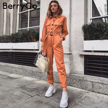 Load image into Gallery viewer, BerryGo Casual cargo cotton female jumpsuits Orange sash pocket sport womens jumpsuit romper Chic autumn winter ladies overalls
