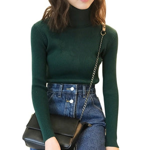 Autumn Fall Women Sweater Slim Soft Long Sleeve High Neck Knit Pullover Sexy Slim Stretch Turtleneck Sweaters
