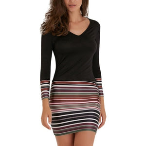 Women Patchwork Striped Dress Sexy Slim Party Dress Women Mini Bodycsses Casual Plus Size  Long Sleeve V-neck Short Dress Vestid