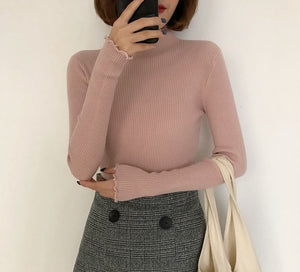 2019 Fall Winter Fashion Slim Sweater Women Turtleneck Ruched Women Sweater High Elastic Solid Sexy Knitted Pullovers 6785 50