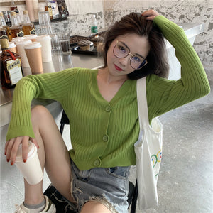 Short Cardigan Women V-Neck Knitted Sweater Coat Long Sleeve Tops Single Breasted with Three Buttons Casual Cardigans