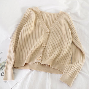 Short Cardigan Women V-Neck Knitted Sweater Coat Long Sleeve Tops Single Breasted with Three Buttons Casual Cardigans