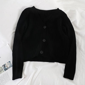 Short Cardigan Women V-Neck Knitted Sweater Coat Long Sleeve Tops Single Breasted with Three Buttons Casual Cardigans
