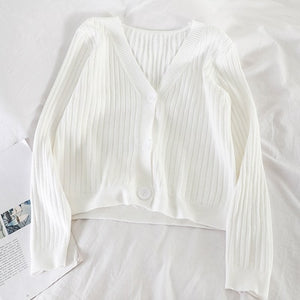 Short Cardigan Women V-Neck Knitted Sweater Coat Long Sleeve Tops Single Breasted with Three Buttons Casual Cardigans