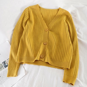 Short Cardigan Women V-Neck Knitted Sweater Coat Long Sleeve Tops Single Breasted with Three Buttons Casual Cardigans