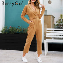 Load image into Gallery viewer, BerryGo Casual cargo cotton female jumpsuits Orange sash pocket sport womens jumpsuit romper Chic autumn winter ladies overalls
