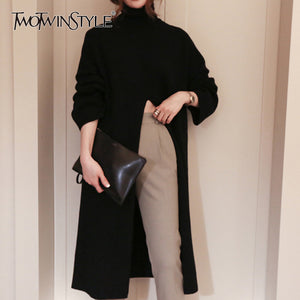 TWOTWINSTYLE Split Black Sweater Women Long Sleeve Turtleneck Knitted Pullover Tops Female Clothes Korean 2019 Winter New