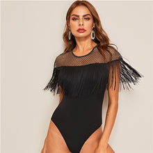 Load image into Gallery viewer, SHEIN Glitter Sheer Yoke Fringe Trim Bodysuit Glamorous Black Contrast Mesh Summer Bodysuit Women Sleeveless Sexy Bodysuits
