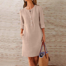 Load image into Gallery viewer, Casual Autumn Cotton Linen Dress 2019 Fashion Button O-Neck Knee Party Dress Women Long Sleeve Pocket Solid Dresses Plus Size
