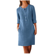 Load image into Gallery viewer, Casual Autumn Cotton Linen Dress 2019 Fashion Button O-Neck Knee Party Dress Women Long Sleeve Pocket Solid Dresses Plus Size
