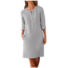 Load image into Gallery viewer, Casual Autumn Cotton Linen Dress 2019 Fashion Button O-Neck Knee Party Dress Women Long Sleeve Pocket Solid Dresses Plus Size
