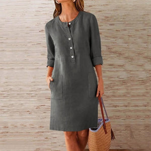 Casual Autumn Cotton Linen Dress 2019 Fashion Button O-Neck Knee Party Dress Women Long Sleeve Pocket Solid Dresses Plus Size