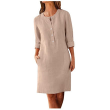Load image into Gallery viewer, Casual Autumn Cotton Linen Dress 2019 Fashion Button O-Neck Knee Party Dress Women Long Sleeve Pocket Solid Dresses Plus Size
