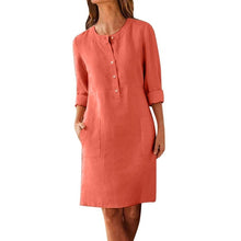 Load image into Gallery viewer, Casual Autumn Cotton Linen Dress 2019 Fashion Button O-Neck Knee Party Dress Women Long Sleeve Pocket Solid Dresses Plus Size
