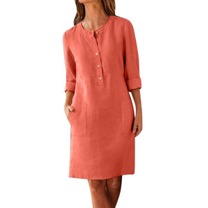 Casual Autumn Cotton Linen Dress 2019 Fashion Button O-Neck Knee Party Dress Women Long Sleeve Pocket Solid Dresses Plus Size