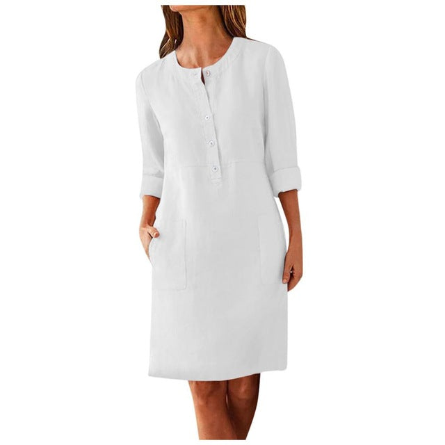 Casual Autumn Cotton Linen Dress 2019 Fashion Button O-Neck Knee Party Dress Women Long Sleeve Pocket Solid Dresses Plus Size