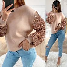 Load image into Gallery viewer, Autumn Women Sweater Tops Lantern Long Sleeve Sequins Bling Lady Pullover Sweater Korean Slim Knit Slim Sweater Female Knitwear
