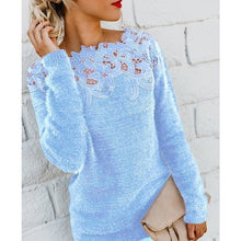 Load image into Gallery viewer, Women Autumn Winter Fleece Pullover Sexy Lace Hollow Out Plush Sweater Slash Neck Knitted Sweater Plus Size Tops Casual Jumpers

