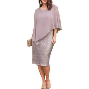 2019 New Womens dress Elegant Plus Size O-Neck Chiffon Patchwork Double Layer Casual Loose Lady Office Party Midi Pencil Dress