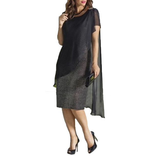 2019 New Womens dress Elegant Plus Size O-Neck Chiffon Patchwork Double Layer Casual Loose Lady Office Party Midi Pencil Dress