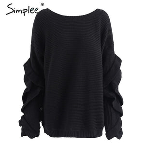 Simplee Ruffle knitted sweater women pullover female Casual loose round neck winter sweater Autumn pull femme knit jumper