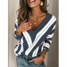 Load image into Gallery viewer, 2020 Spring Womens Sweater Striped Fashion V Neck Long Sleeve Sweater Loose Knitted Batwing Sleeve Pullover Sexy Jumper Tops Hot
