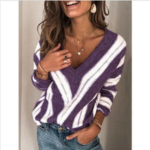 Load image into Gallery viewer, 2020 Spring Womens Sweater Striped Fashion V Neck Long Sleeve Sweater Loose Knitted Batwing Sleeve Pullover Sexy Jumper Tops Hot
