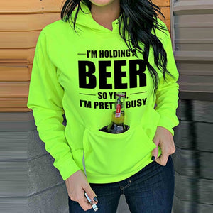 Neon Letter Beer Print Long Sleeve Pocket Hoodies Women Casual Autumn Winter Sweatshirt Pullover Loose Party Hooded Tops