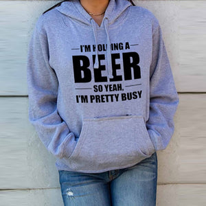 Neon Letter Beer Print Long Sleeve Pocket Hoodies Women Casual Autumn Winter Sweatshirt Pullover Loose Party Hooded Tops