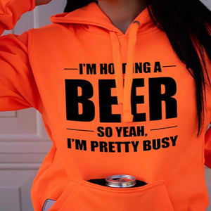 Neon Letter Beer Print Long Sleeve Pocket Hoodies Women Casual Autumn Winter Sweatshirt Pullover Loose Party Hooded Tops