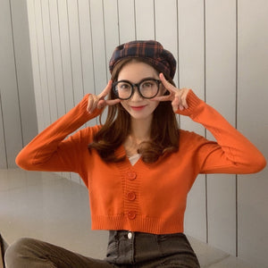 Women's Cropped Cardigan Sweaters Female Black White Short Sweater V Neck Single Breasted Sweater Woman Knitted Cardigan GD153