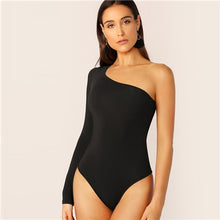 Load image into Gallery viewer, SHEIN One Shoulder Form Fitting Bodysuit Stretchy Sexy Solid Long Sleeve Basics Bodysuits Women 2019 Summer Skinny Bodysuits
