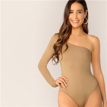 Load image into Gallery viewer, SHEIN One Shoulder Form Fitting Bodysuit Stretchy Sexy Solid Long Sleeve Basics Bodysuits Women 2019 Summer Skinny Bodysuits
