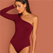 Load image into Gallery viewer, SHEIN One Shoulder Form Fitting Bodysuit Stretchy Sexy Solid Long Sleeve Basics Bodysuits Women 2019 Summer Skinny Bodysuits
