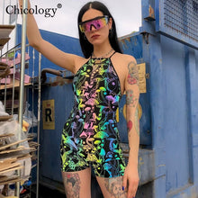 Load image into Gallery viewer, Chicology backless mushroom print playsuit 2019 summer women sexy streetwear Gothic rompers female club shorts jumpsuit clothes
