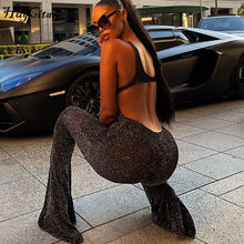 Load image into Gallery viewer, Hugcitar 2019 backless hollow out sexy flare jumpsuit autumn winter women streetwear club party bodycon body
