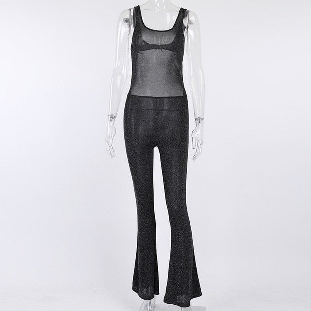 Hugcitar 2019 backless hollow out sexy flare jumpsuit autumn winter women streetwear club party bodycon body