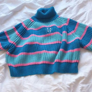 Flectit Womens Striped Roll Neck Jumper Sweater with Embroidered Letter Lazy Turtleneck Oversized Chunky Knit Pullovers