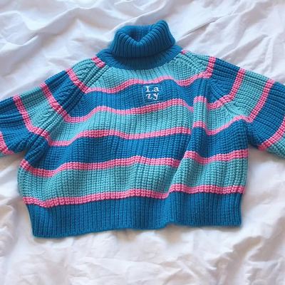 Flectit Womens Striped Roll Neck Jumper Sweater with Embroidered Letter Lazy Turtleneck Oversized Chunky Knit Pullovers