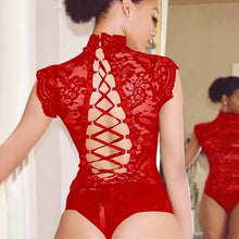 Load image into Gallery viewer, InstaHot Mesh Lace Bodysuit Women Sexy Backless Lace Up Sleeveless Rompers Party Club Ruffles Black White Slim Bodysuit 2019 New
