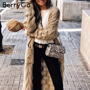 BerryGo Vintage mohair long cardigan femmes chandails femme à manches longues poche hiver cardigans tricots de style décontracté pur pulls